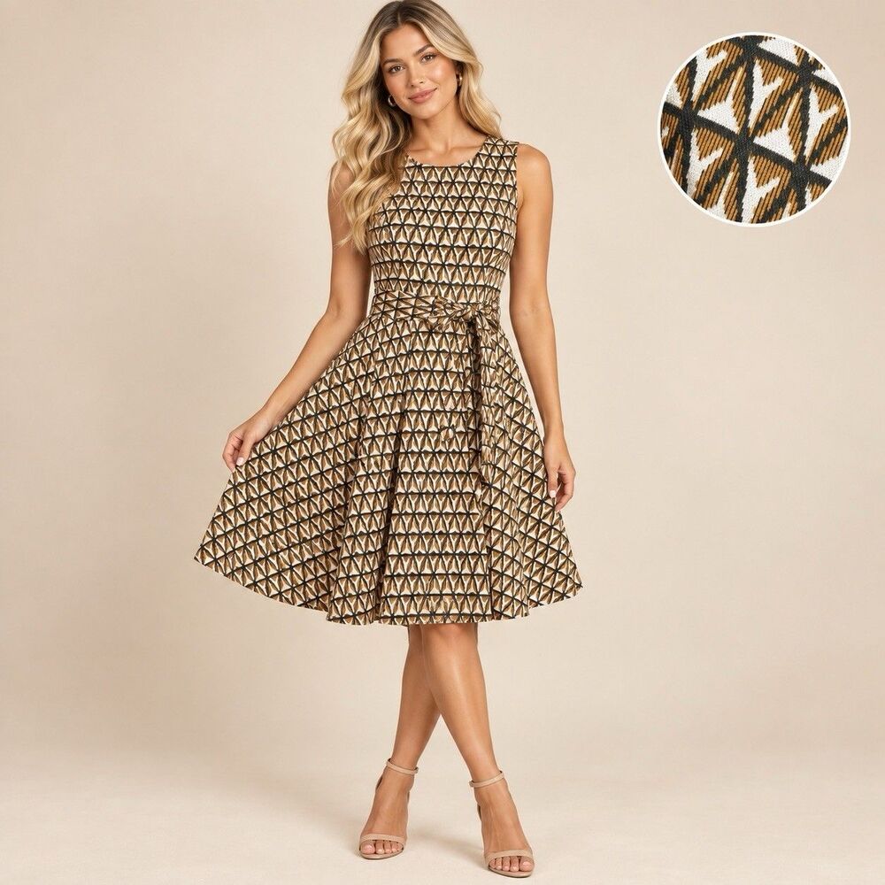 Anthropologie Hutch Amina Geometric Fit Flare Dress Size S NWT Brown $160